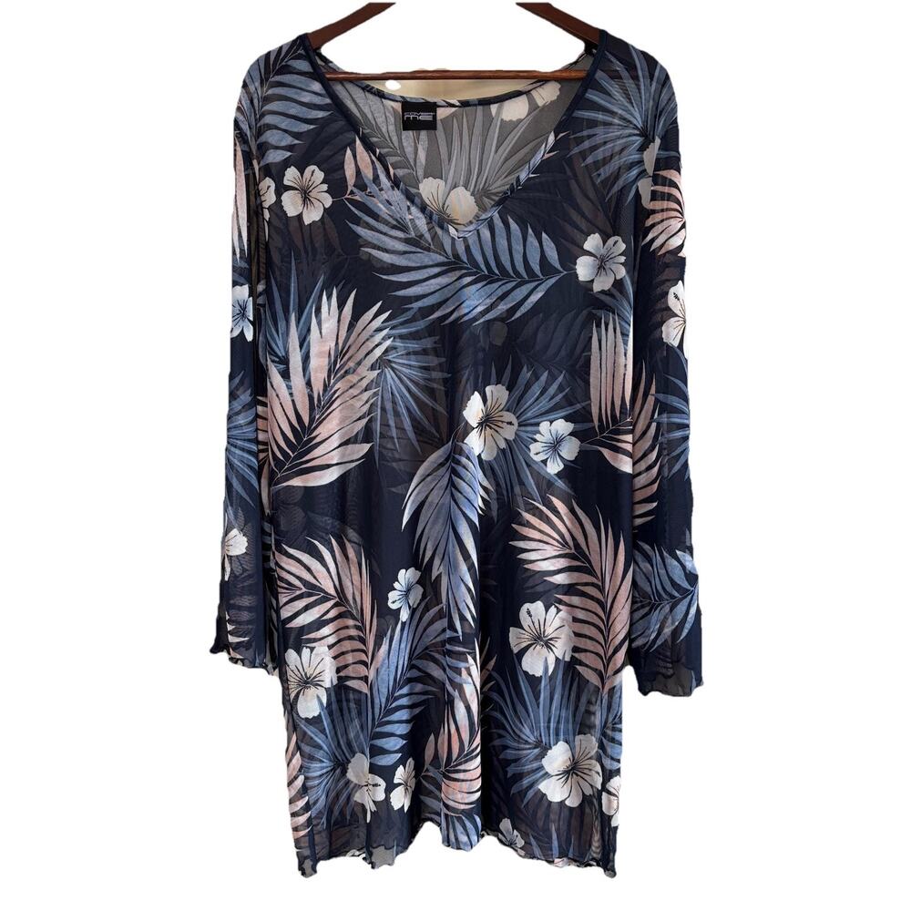 Cover Me Long Sleeve Swim Cover Up DressBeach Blue Floral Sheer Stretch Size XL
